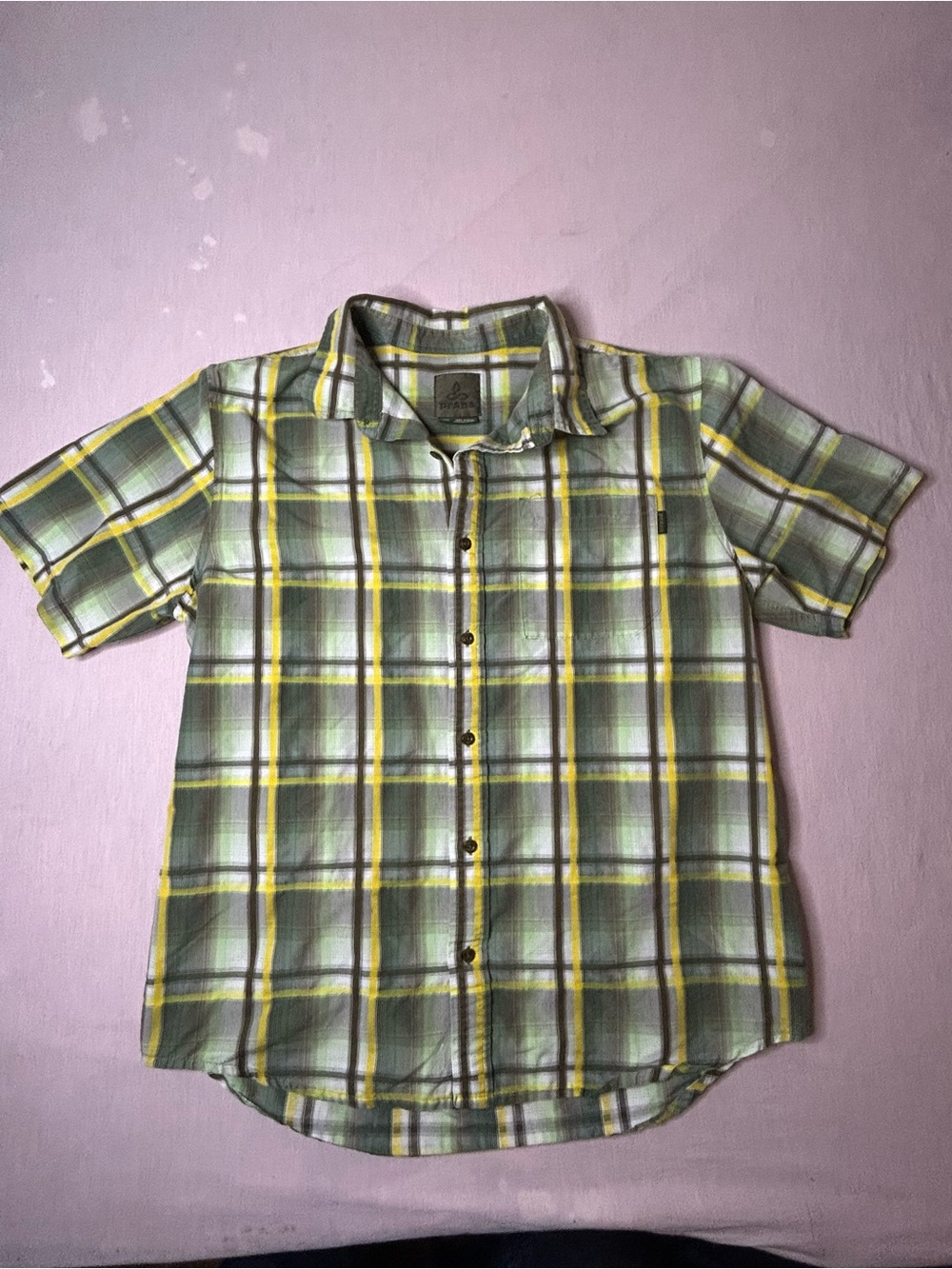 Prana Men's Short Sleeve Plaid Button-Down Shirt - Green, Yellow, White
